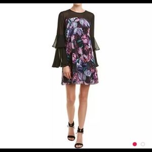 Cece by Cynthia Steffe Black Floral Shift Dress Ruffle Long Sleeve Size 4 NWT